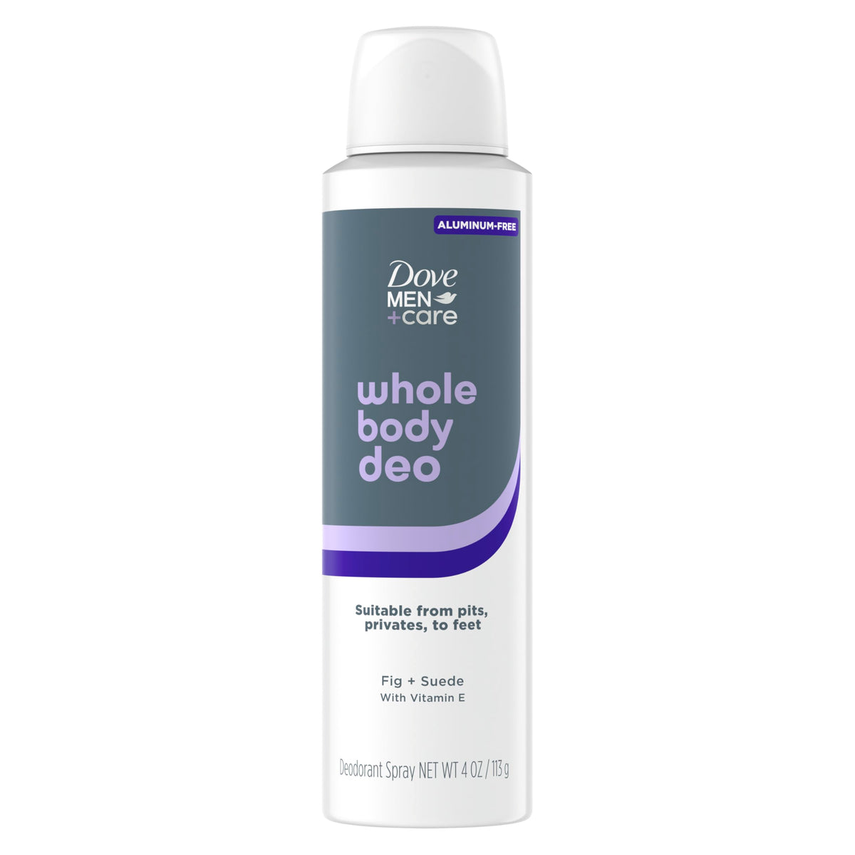 DOVE MEN + CARE front packaging showing fig and suede scent and benefit of full-body odor control
