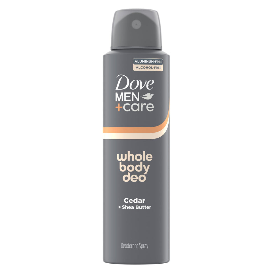 DOVE MEN + CARE front packaging showing cedar shea scent and benefits