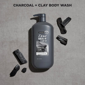 DOVE MEN + CARE label on 100% recycled plastic bottle promoting sustainability