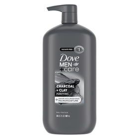 DOVE MEN + CARE front bottle view showing product and benefits