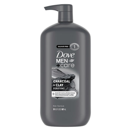 DOVE MEN + CARE front bottle view showing product and benefits