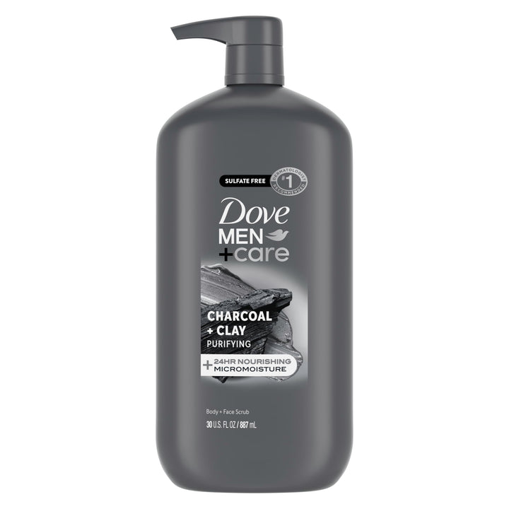 DOVE MEN + CARE front bottle view showing product and benefits