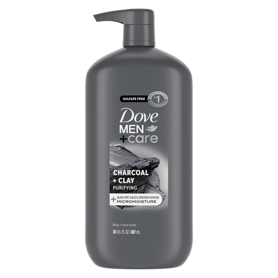 DOVE MEN + CARE front bottle view showing product and benefits