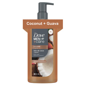 DOVE MEN + CARE front bottle view showing tropical scent and benefits