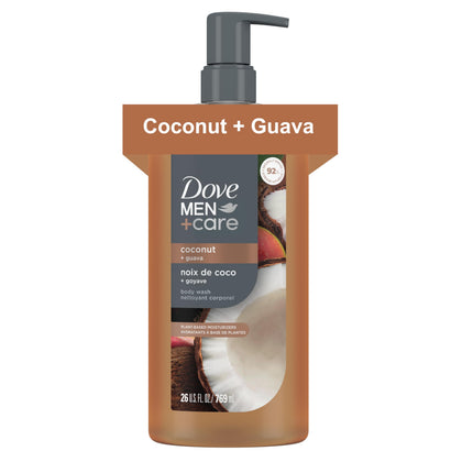 DOVE MEN + CARE front bottle view showing tropical scent and benefits