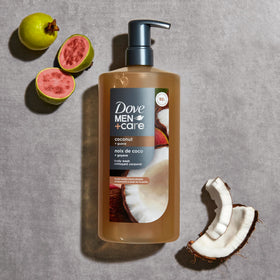 DOVE MEN + CARE 26oz bottle next to everyday items to show size