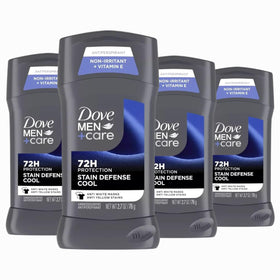 Dove Men+Care front packaging showing four 2.7 oz sticks and value pack benefit