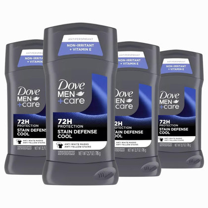 Dove Men+Care front packaging showing four 2.7 oz sticks and value pack benefit