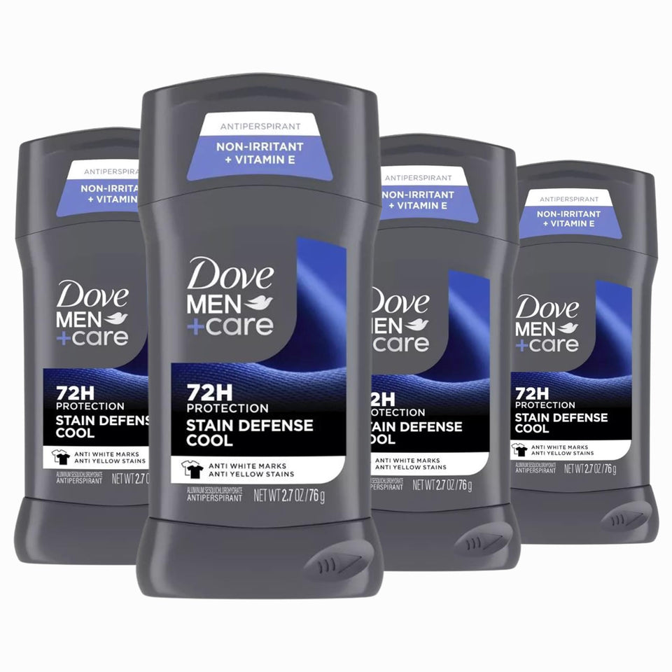 Dove Men+Care front packaging showing four 2.7 oz sticks and value pack benefit