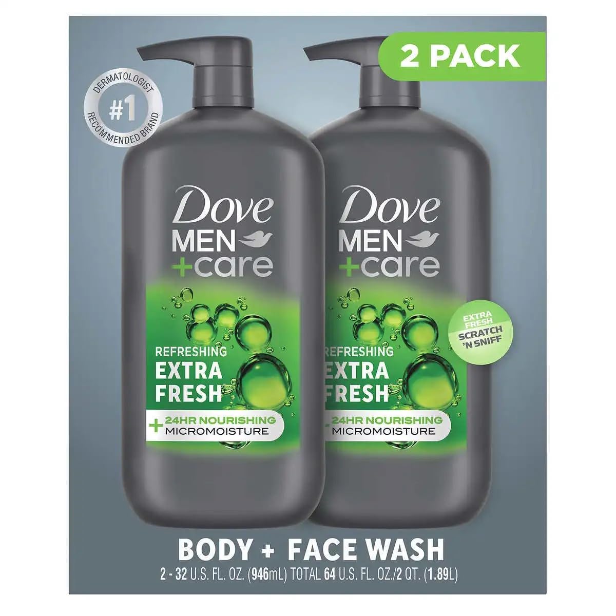 Dove Men+Care front packaging showing dual 32 oz bottles and label for convenience