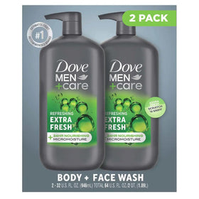 Dove Men+Care front packaging showing dual 32 oz bottles and label for convenience
