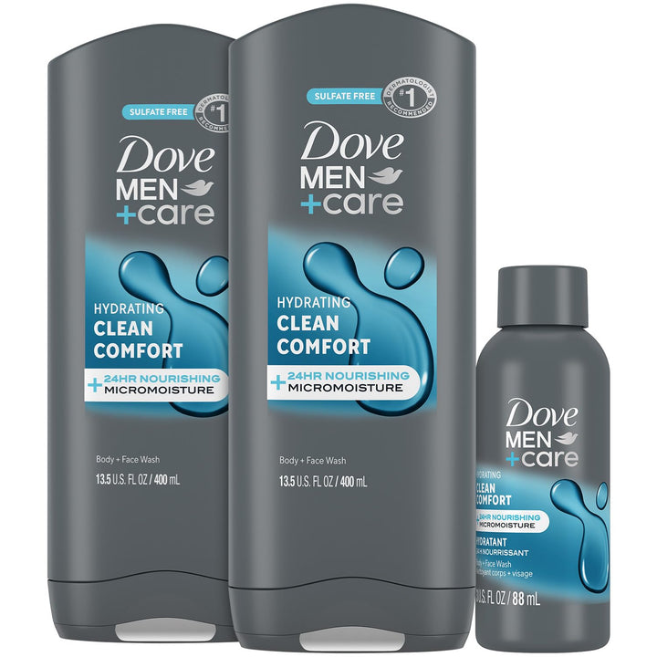 Dove Men+Care front packaging showing two full-size bottles and benefits