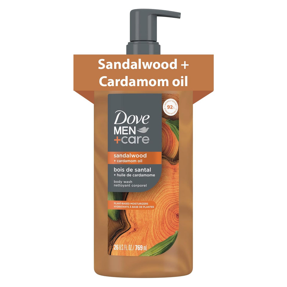 Dove Men+Care front bottle view showing label and sandalwood-cardamom fragrance benefit