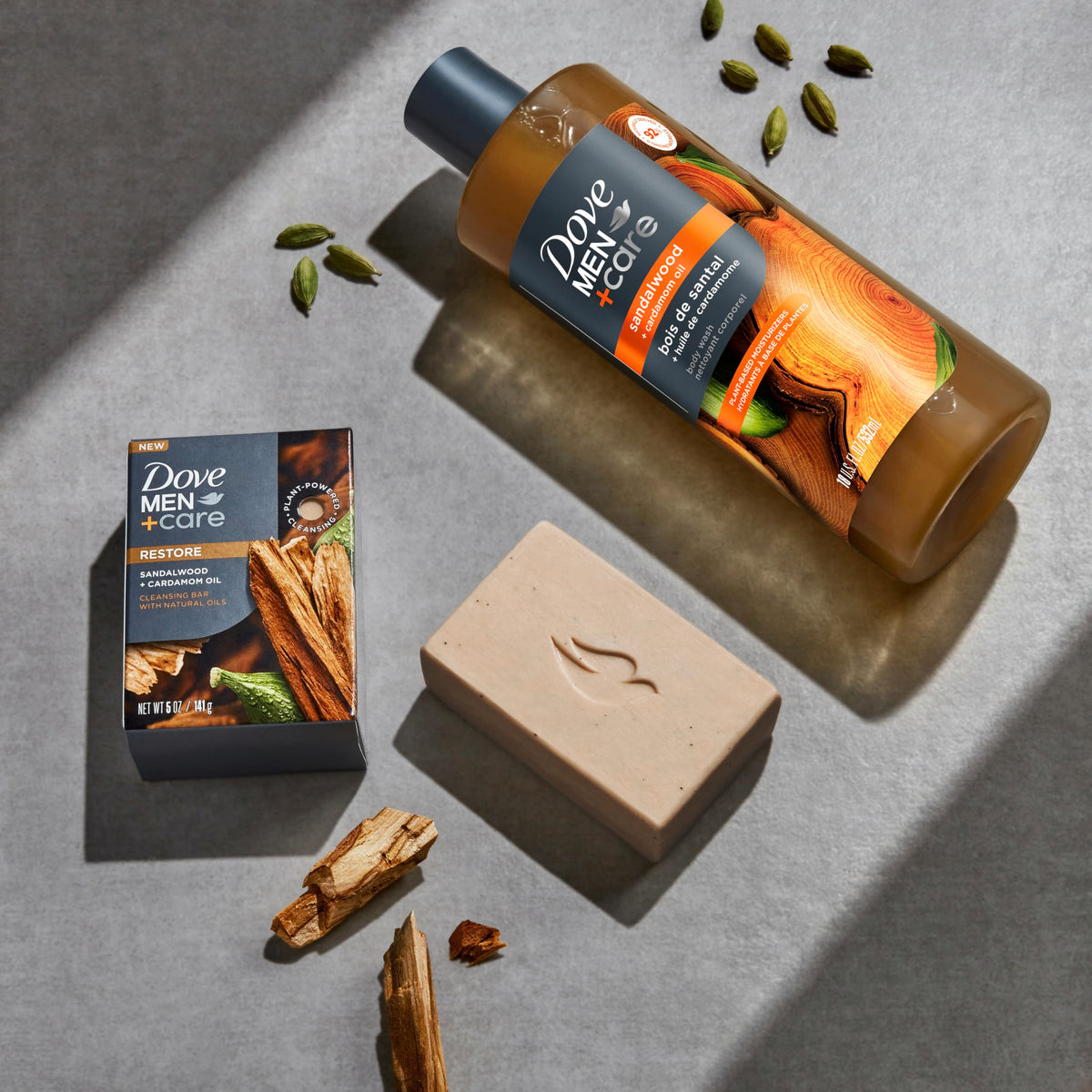Dove Men+Care cardamom oil droplet and sandalwood for invigorating scent benefit