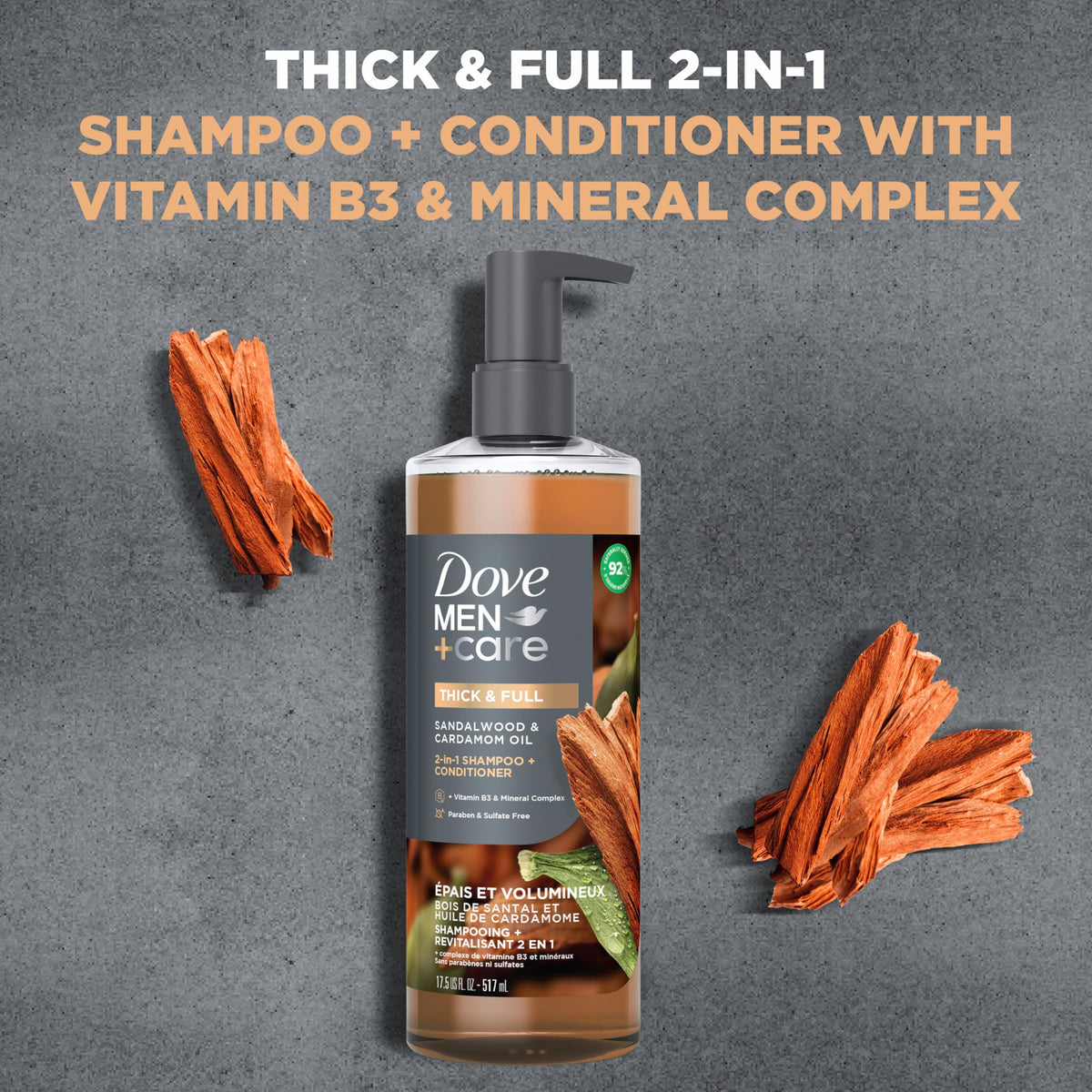 DOVE MEN+CARE pump and label close-up highlighting ingredient details