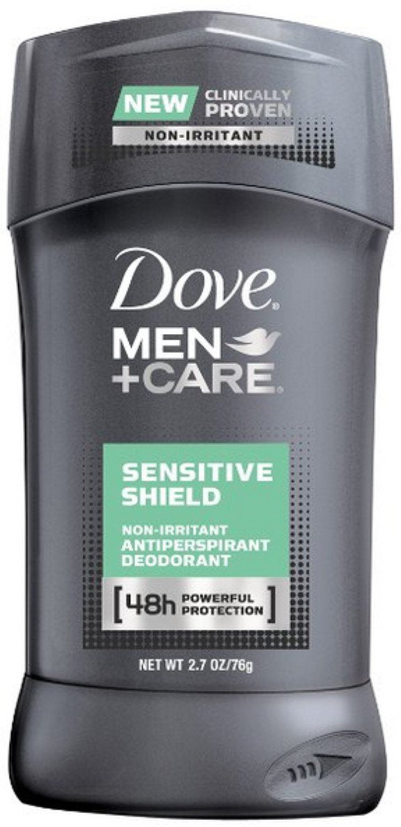 Dove Men+Care sensitive shield front packaging showing stick and label with gentle protection