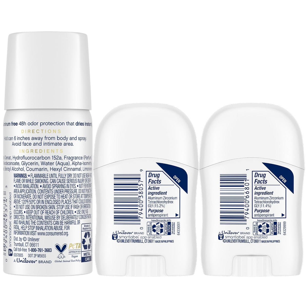 Dove mini sticks close-up label showing Pro-Ceramide benefits for softer skin