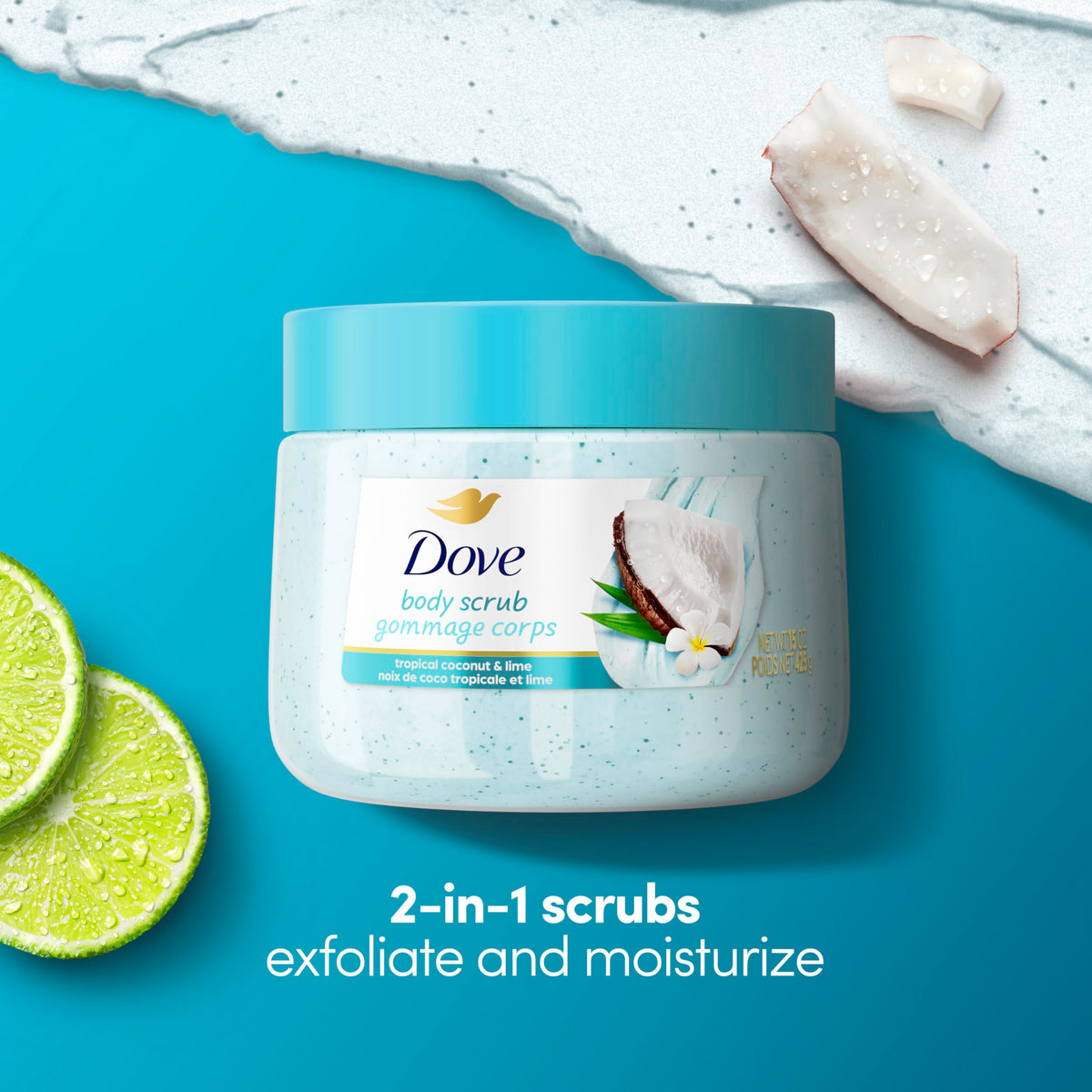 Dove open jar top view revealing scrub and visible moisturizing cream benefit