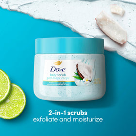 Dove open jar top view revealing scrub and visible moisturizing cream benefit