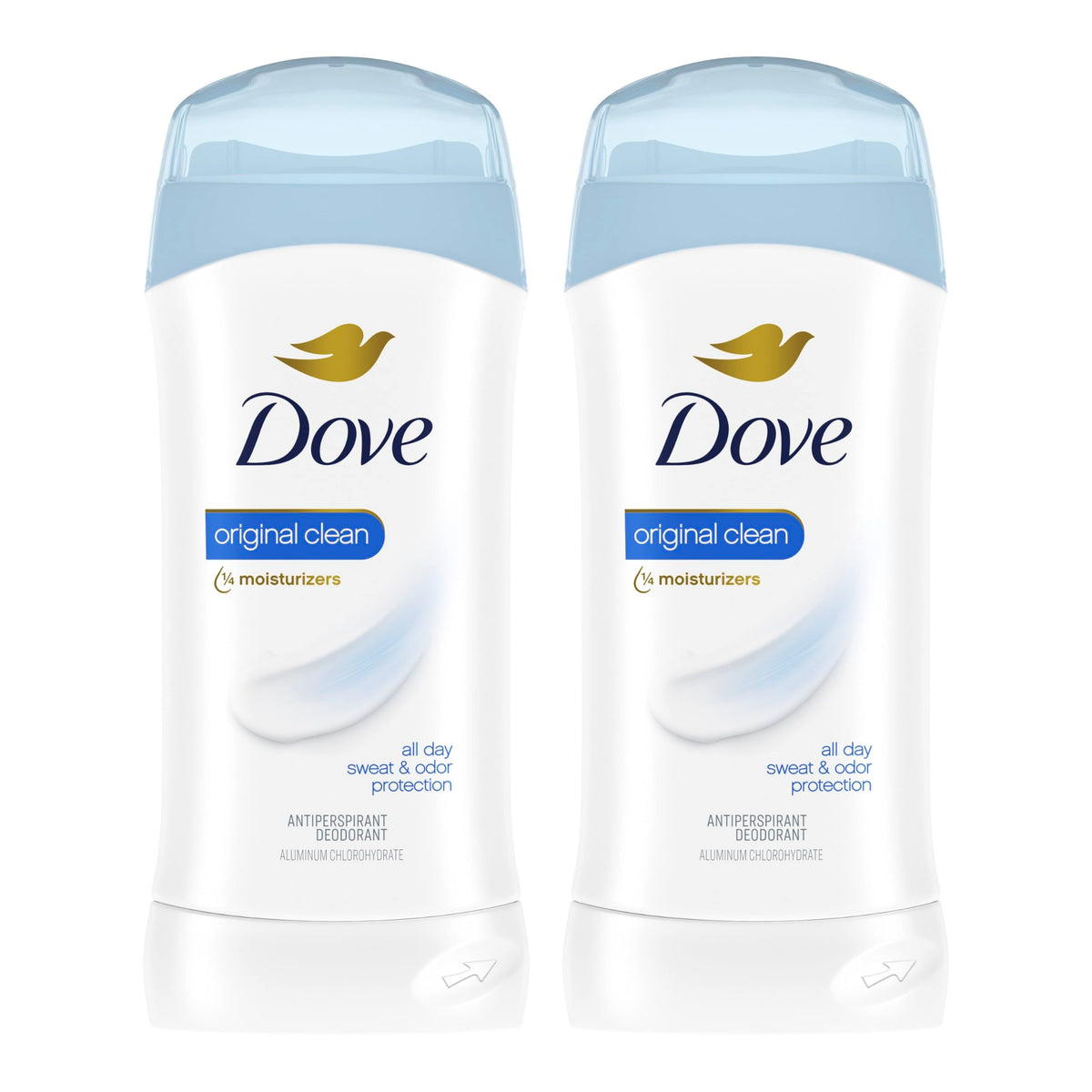 Dove front packaging showing Original Clean scent and two-stick pack, conveys reliable protection