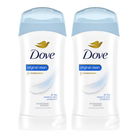 Dove front packaging showing Original Clean scent and two-stick pack, conveys reliable protection