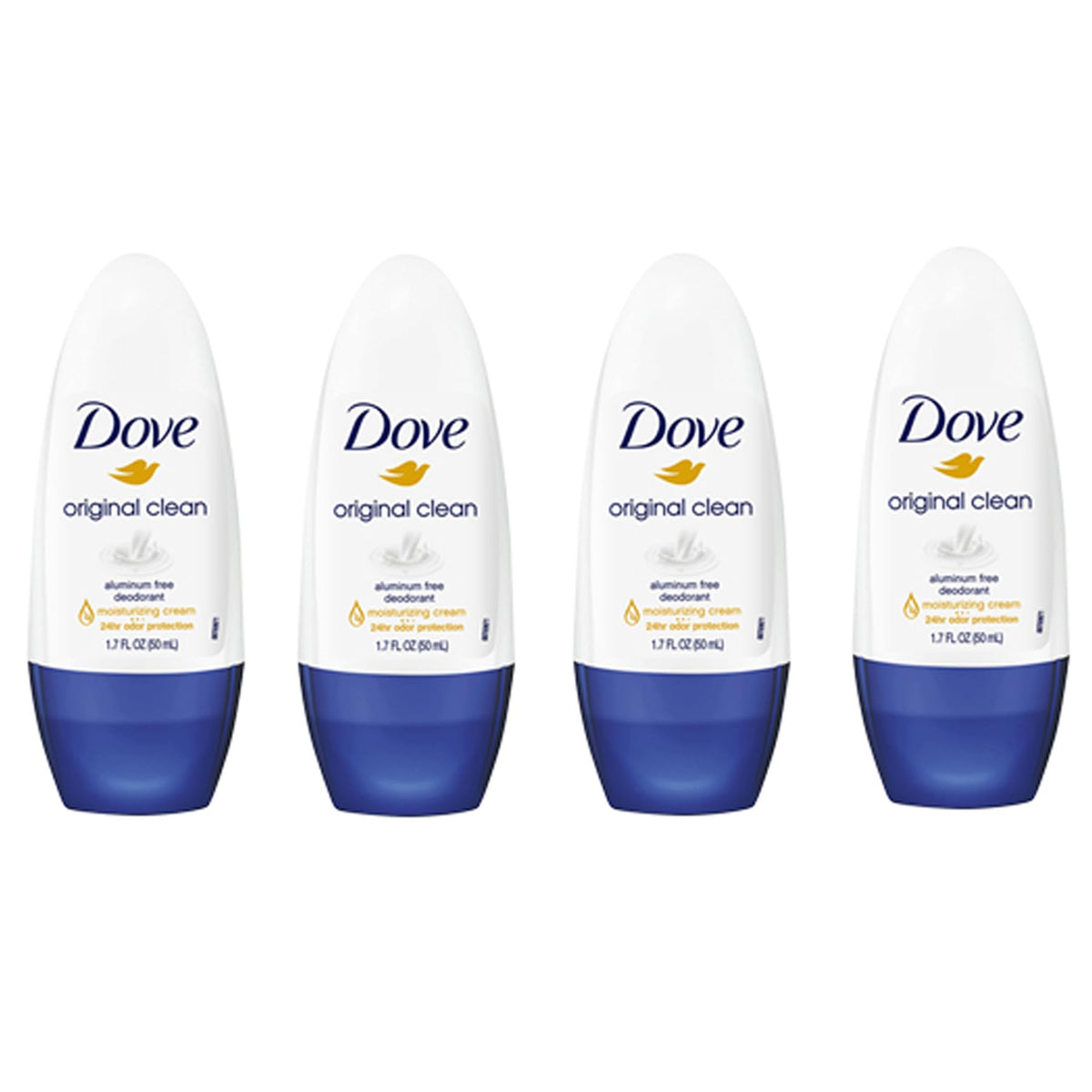 Dove roll-on front packaging showing clean scent and aluminum-free benefit