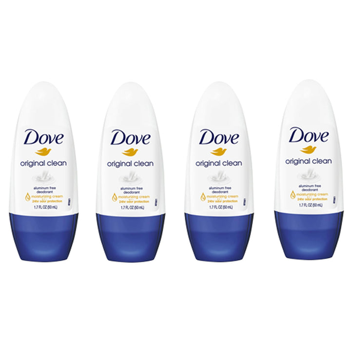 Dove roll-on front packaging showing clean scent and aluminum-free benefit