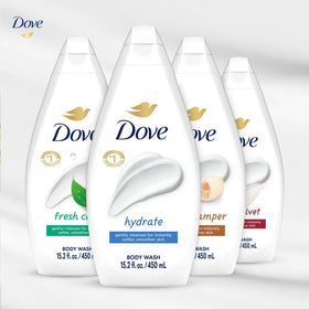 Dove six-pack size comparison in hand showing 15.2 oz scale and long-lasting benefit