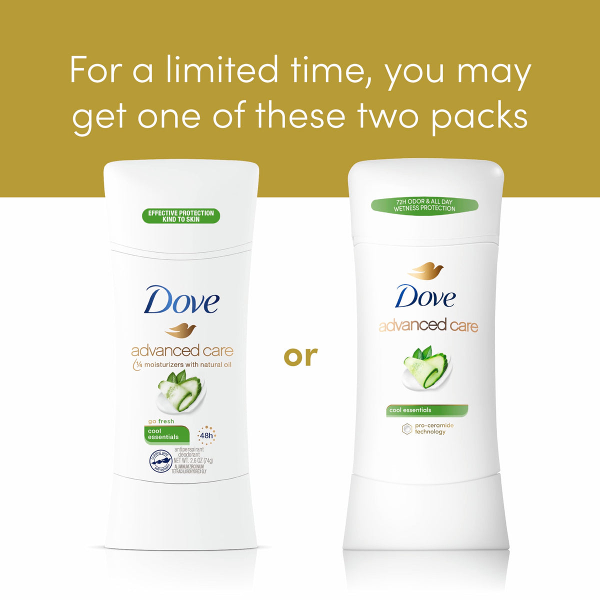 Dove four-pack beside a hand to show size and convenient value