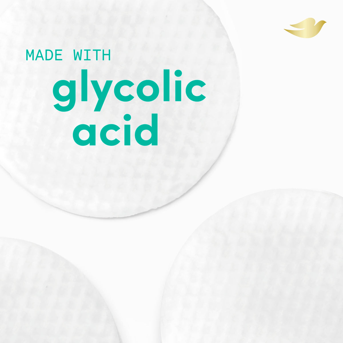 Dove pad with visible moisture droplet demonstrating glycolic serum benefit
