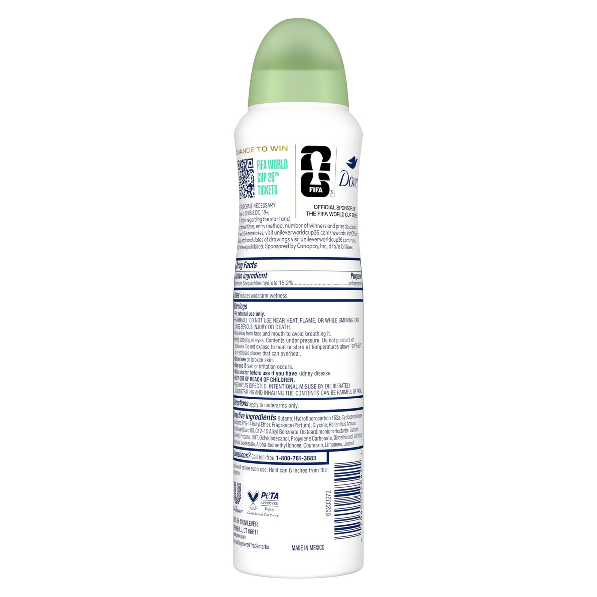 Dove back label close-up listing ingredients and active antiperspirant information