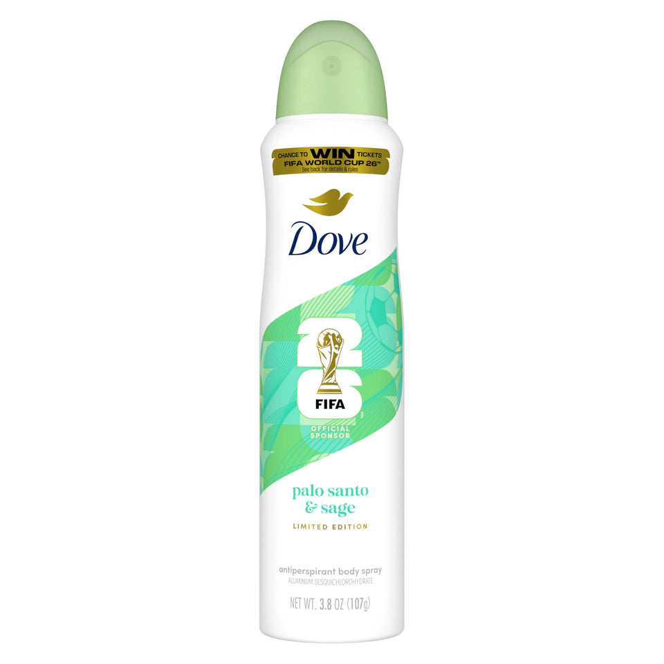Dove front packaging showing Palo Santo & Sage scent and FIFA limited edition benefit