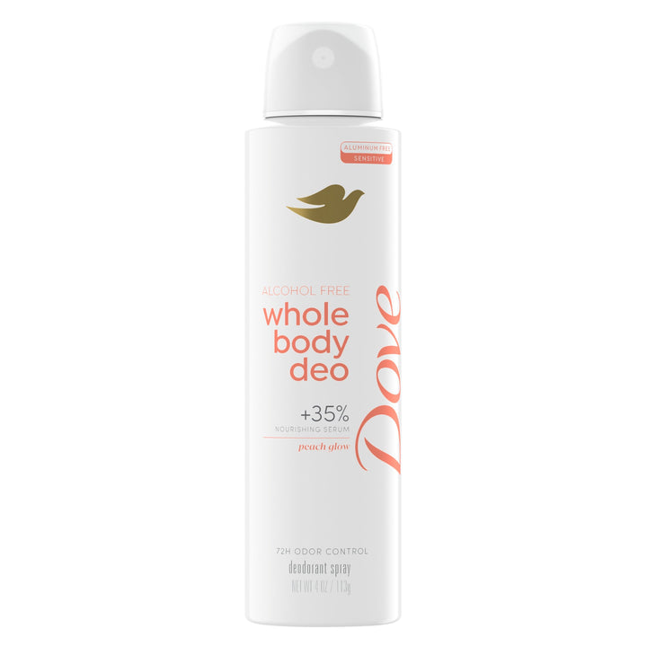 Dove Peach Glow front packaging showing compact 4 oz can and label benefit