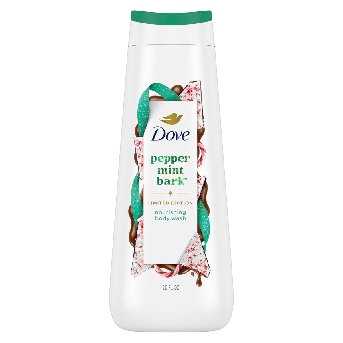 Dove Peppermint Bark front packaging showing festive 20 oz bottle and scent benefit