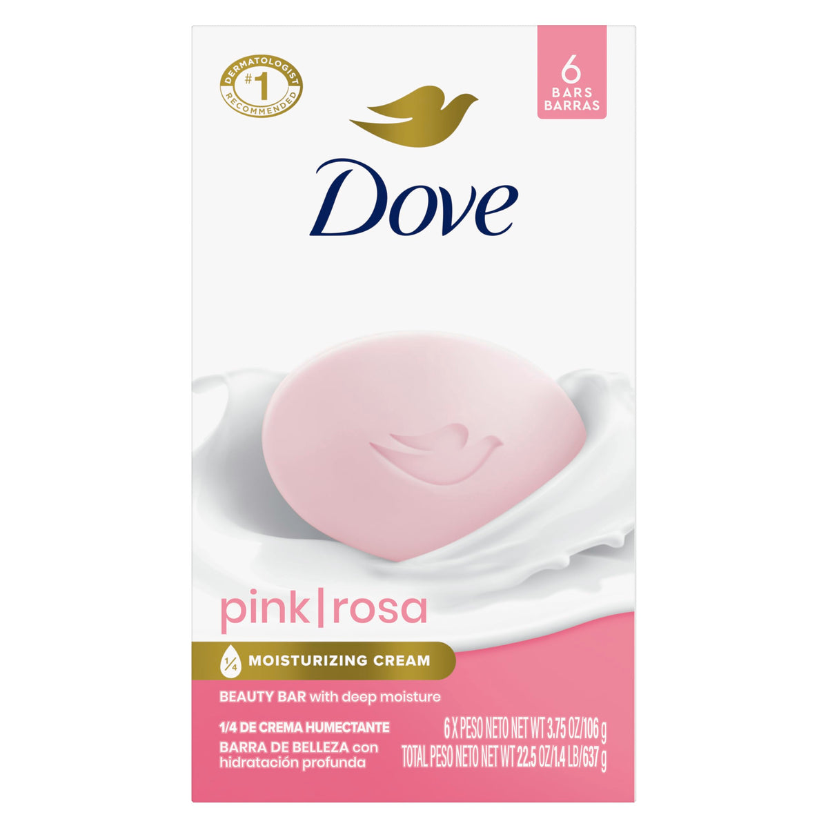 Dove Pink Rosa front packaging showing six moisturizing bars and brand benefit