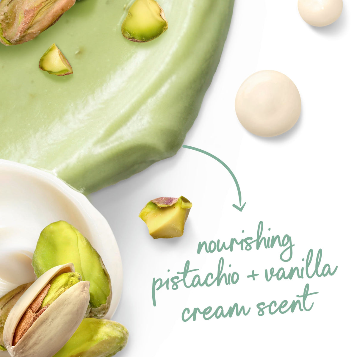 Dove pistachio & vanilla bottle label detail highlighting ingredient benefits
