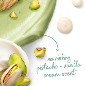 Dove pistachio & vanilla bottle label detail highlighting ingredient benefits