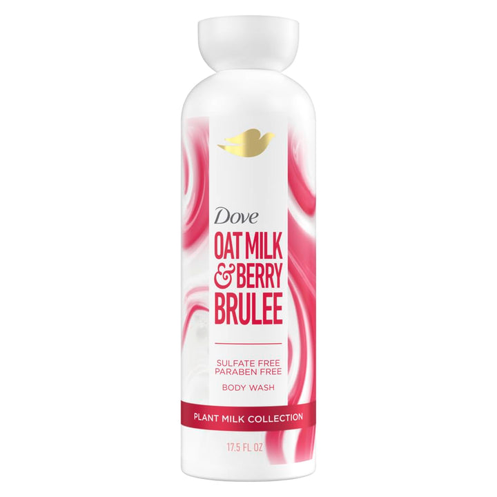 Dove bottle front view showing oat milk and berry brulee scent benefits