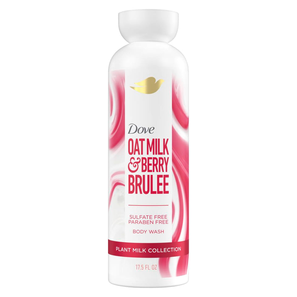 Dove bottle front view showing oat milk and berry brulee scent benefits