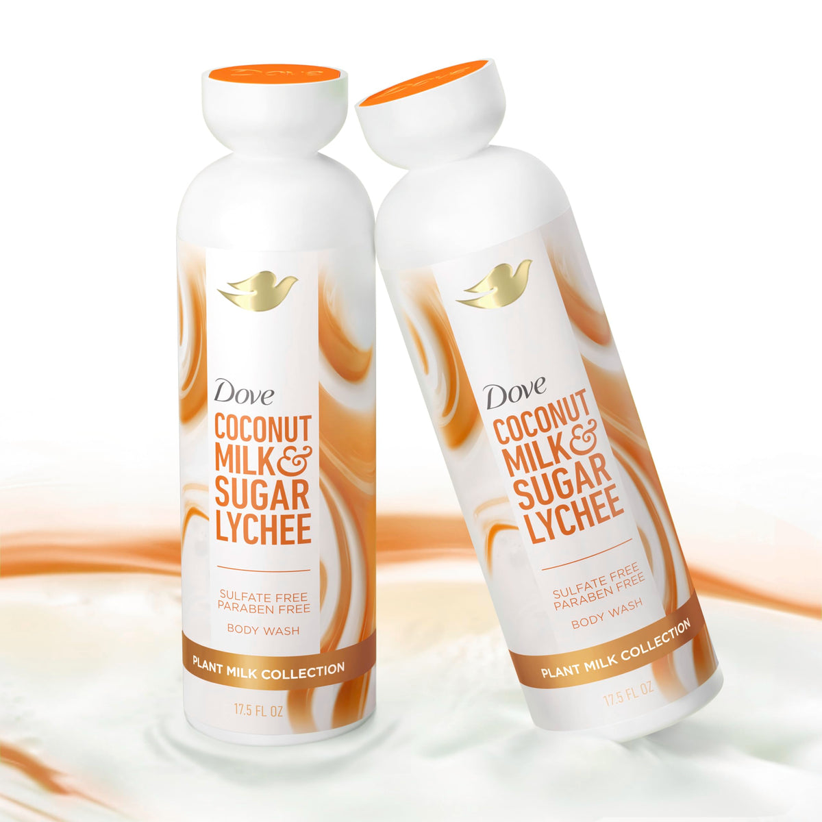 Dove plant milk body wash poured onto hand illustrating easy lathering benefit
