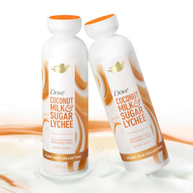 Dove plant milk body wash poured onto hand illustrating easy lathering benefit