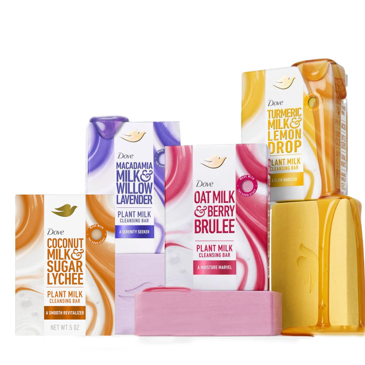 Dove plant milk variety pack front packaging showing four scented bars and benefits