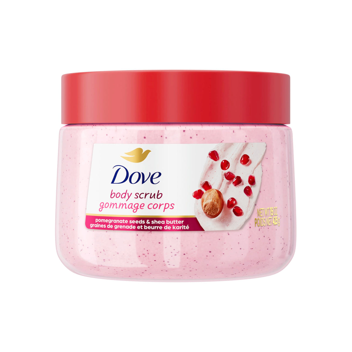 Dove jar front label showing product and nourishing benefits