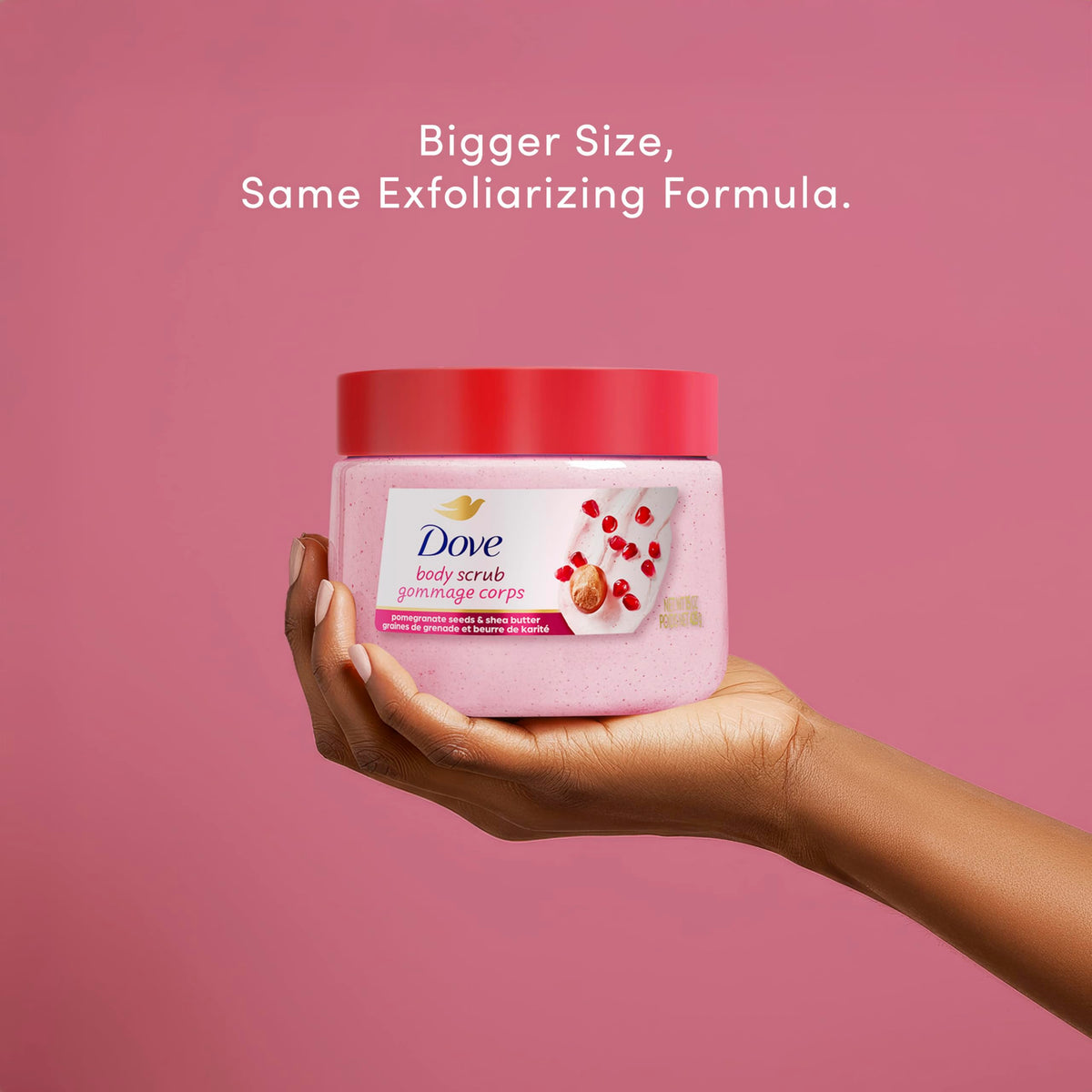 Dove open jar revealing creamy pomegranate scrub texture and ease of spread