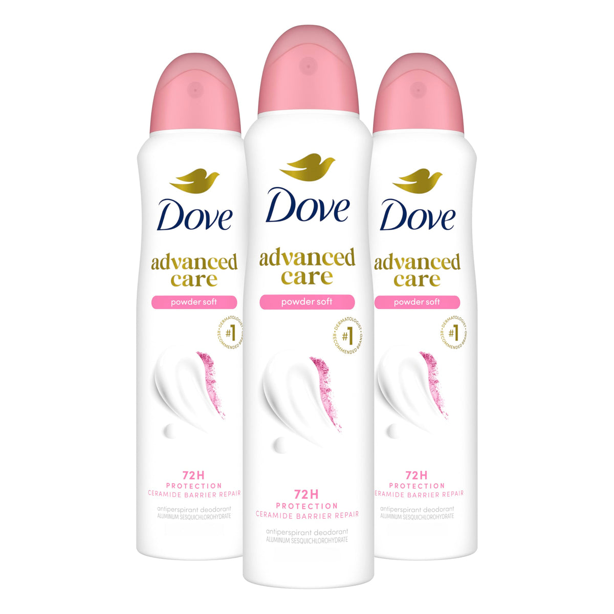 Dove front packaging showing Powder Soft spray and benefits
