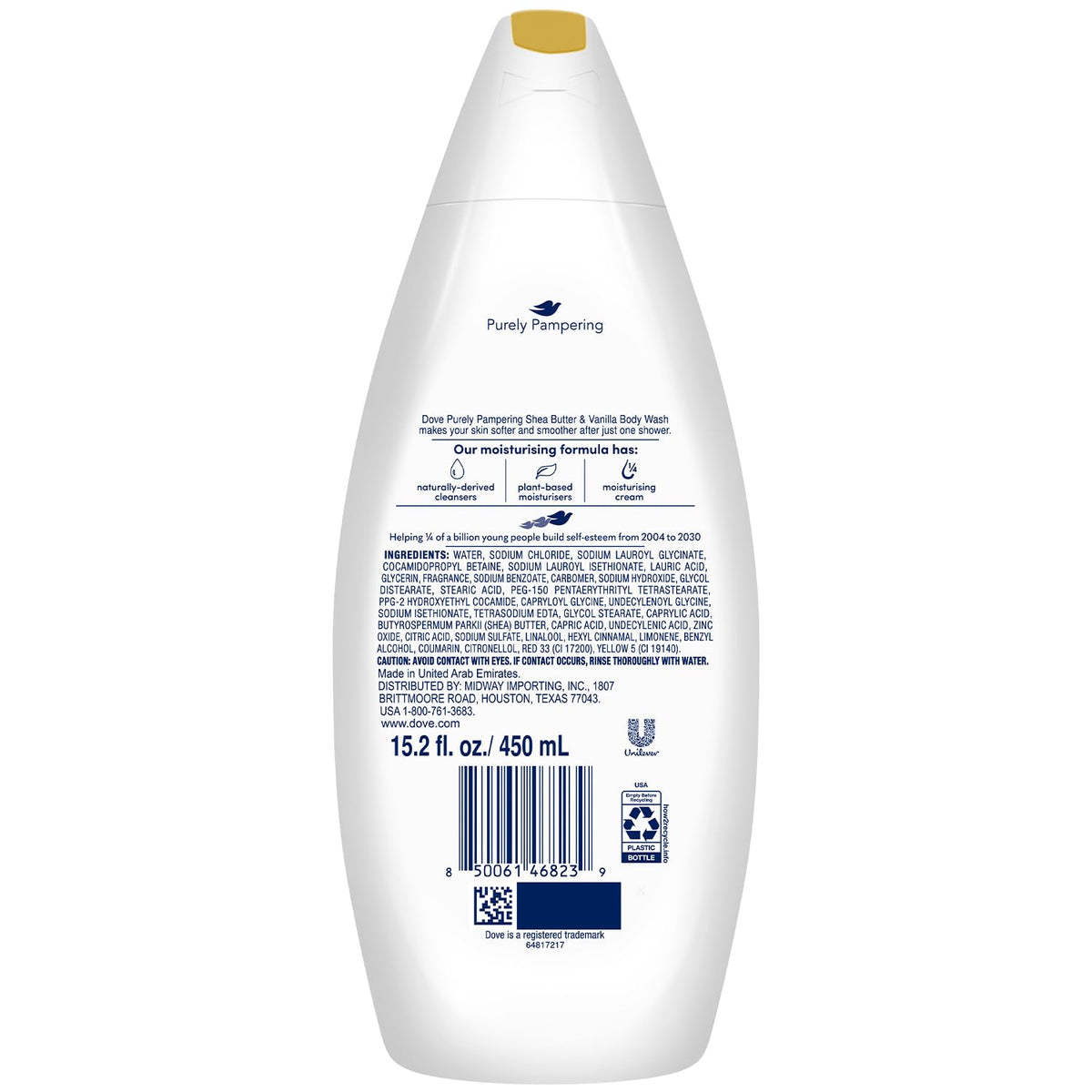 Dove pump and label close-up highlighting ingredients and ease