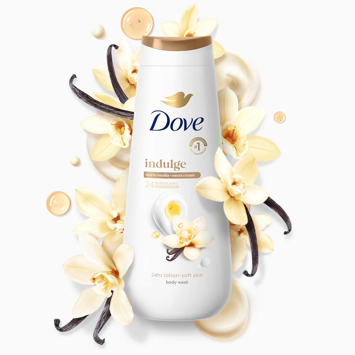 Dove pump dispensed into hand demonstrating easy use and gentle cleanse benefit