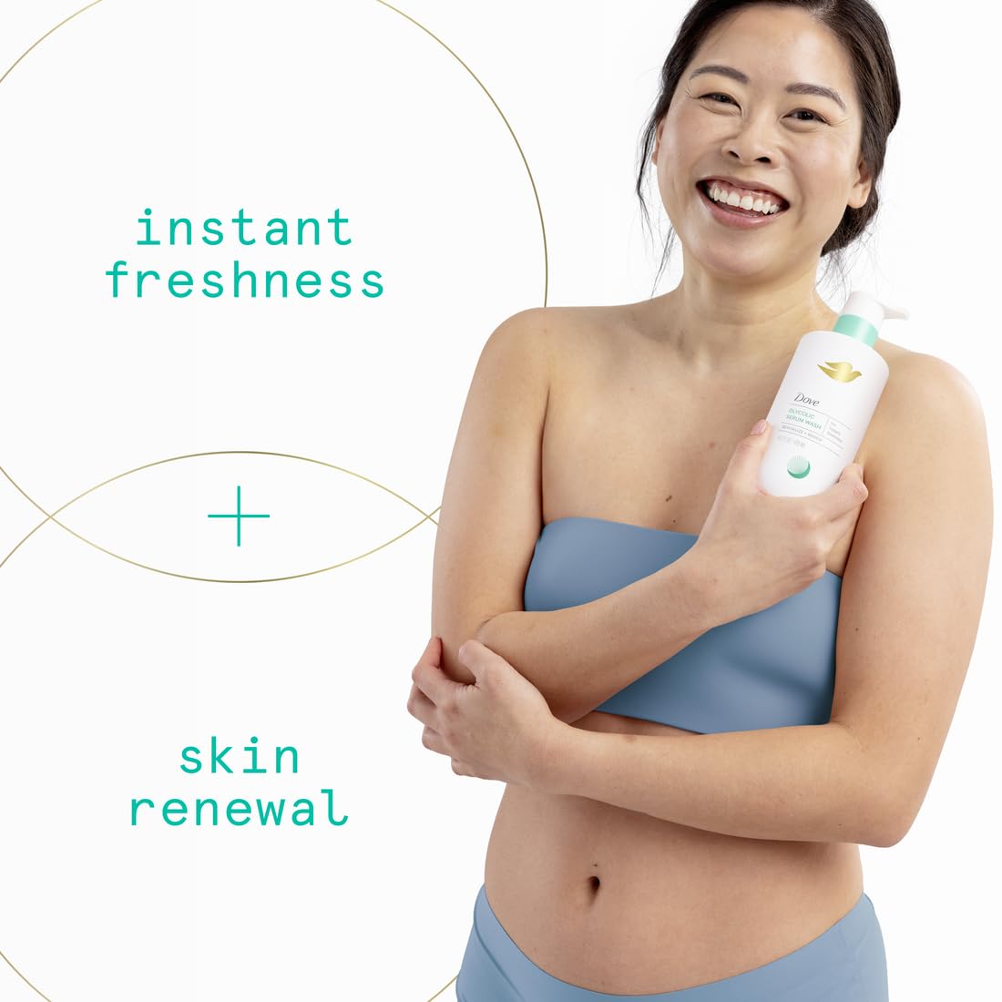 Dove body wash being dispensed from pump, brand demonstrates creamy lather and easy use