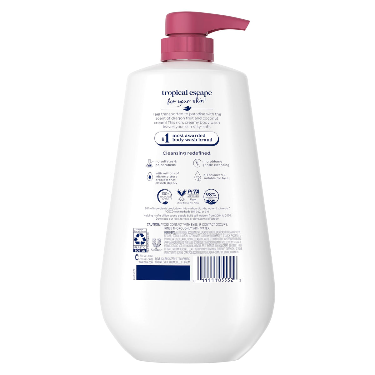 Dove pump dispenser close-up highlighting MicroMoisture technology benefit