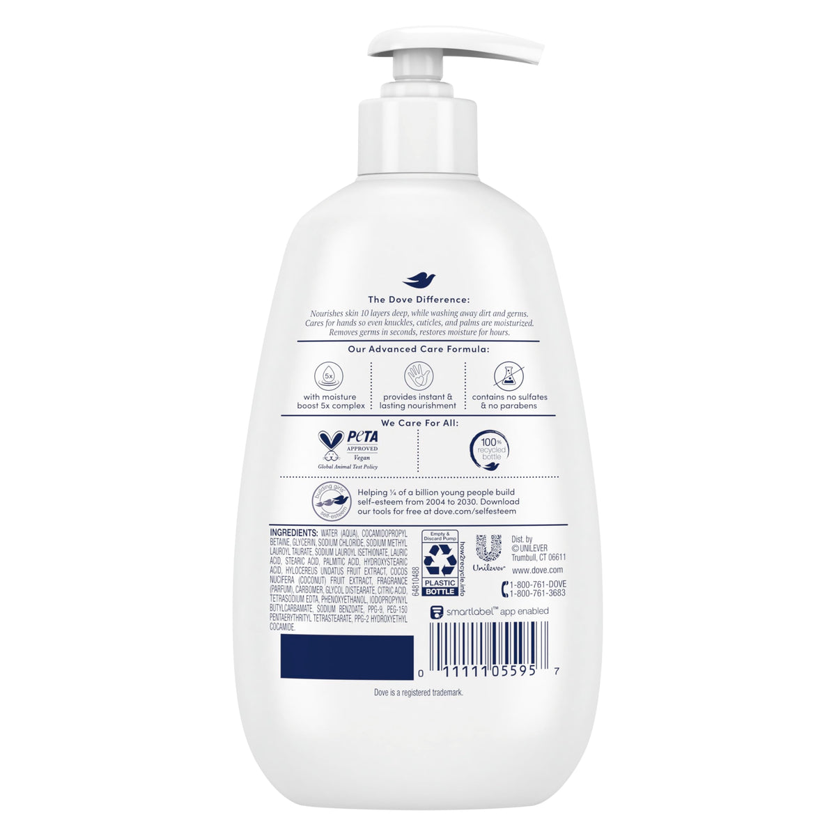 Dove pump dispenser close-up highlighting easy, mess-free use and convenience